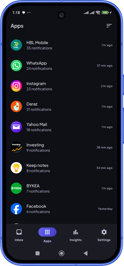 List of apps with notification counts