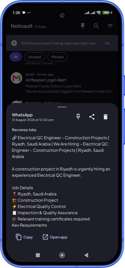 A single notification opened in a detail sheet
