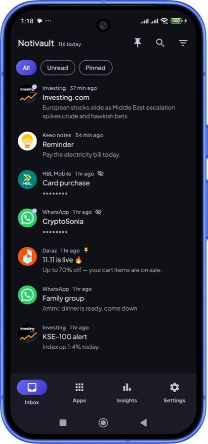 Notivault inbox showing a saved history of notifications from WhatsApp, a bank, Instagram and other apps, with a sensitive payment alert masked.