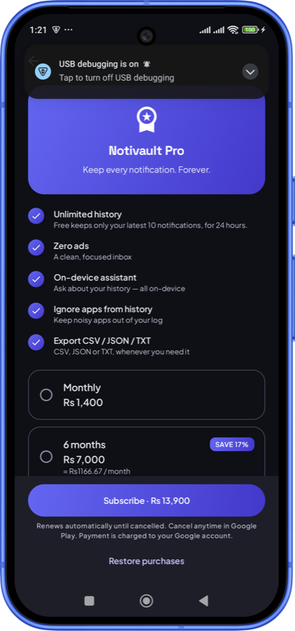 Notivault Pro upgrade screen with plans